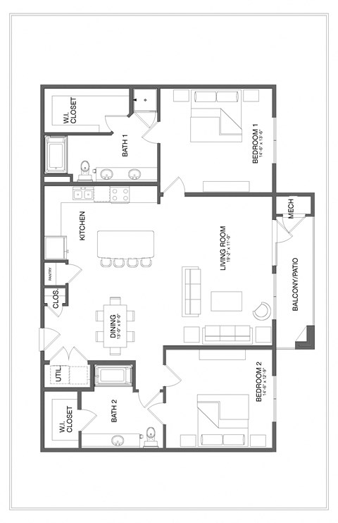 Floor plan for 2 beds, 2 baths, 1565 sqft
