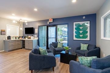 San Antonio apartment for rent - A living room with a grey couch and a green pillow.