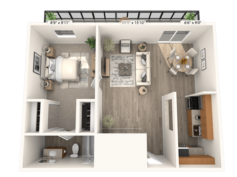 Floor plan for 1 bed, 1 bath, 665 sqft