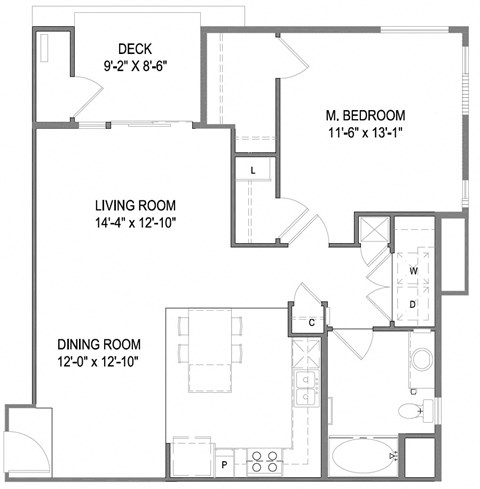 Floor plan for 1 bed, 1 bath, 902 sqft