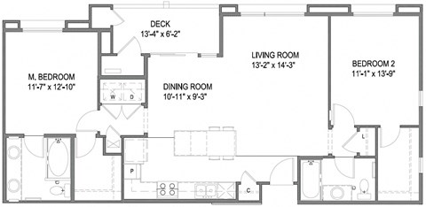 Floor plan for 2 beds, 2 baths, 1073 sqft