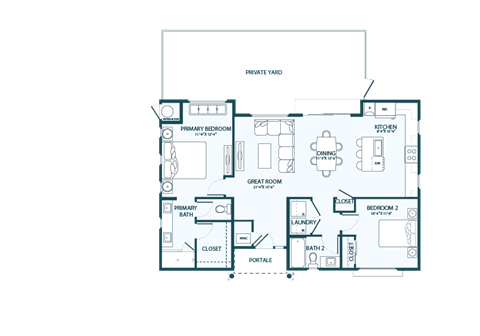 Floor plan for 2 beds, 2 baths, 1161 sqft