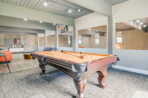Aurora apartment for rent - A pool table in a room with a grey carpet.
