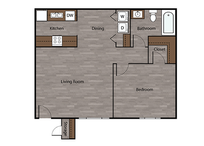 Floor plan for 1 bed, 1 bath, 628 sqft