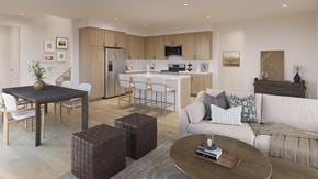 Santa Fe apartment for rent - A modern living room with a dining area and kitchen in the background.