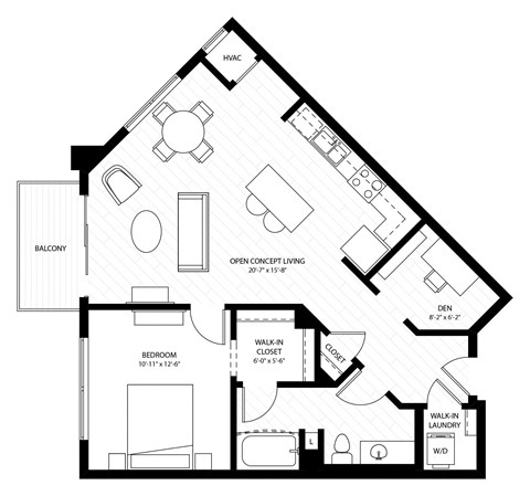 Floor plan for 1 bed, 1 bath, 816 sqft