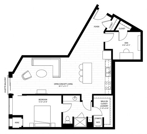 Floor plan for 1 bed, 1 bath, 906 sqft