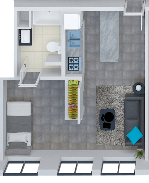 Floor plan for 1 bed, 1 bath, 615 sqft