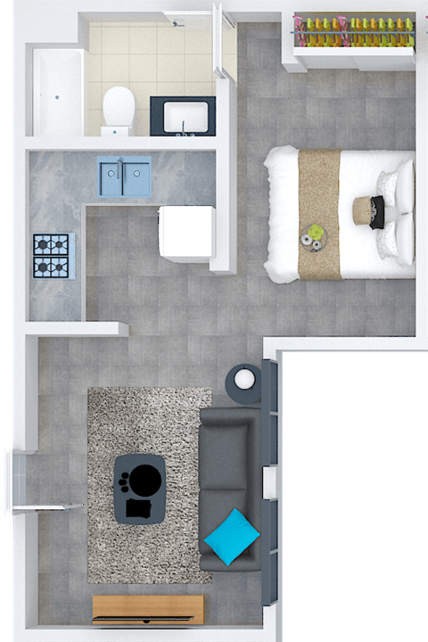 Floor plan for 1 bed, 1 bath, 558 sqft