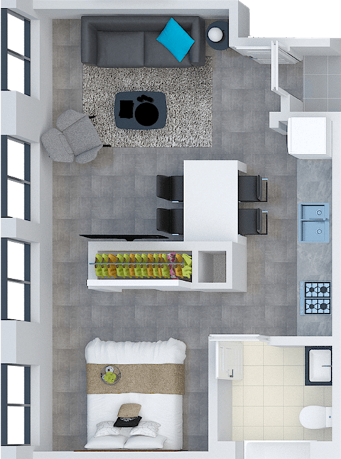 Floor plan for 1 bed, 1 bath, 640 sqft