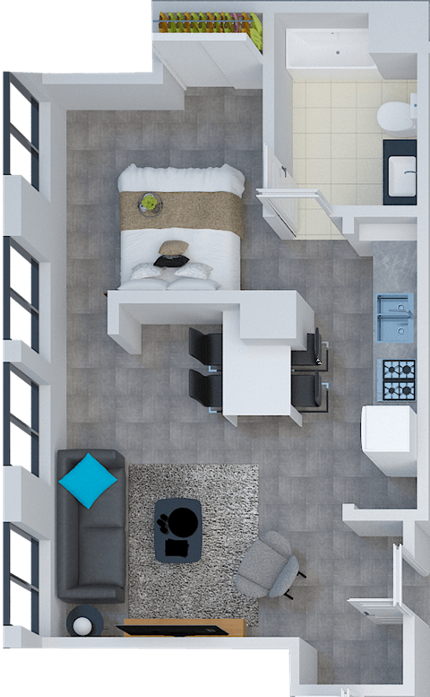 Floor plan for 1 bed, 1 bath, 734 sqft