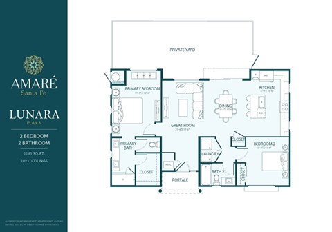 Floor plan for 2 beds, 2 baths, 1161 sqft