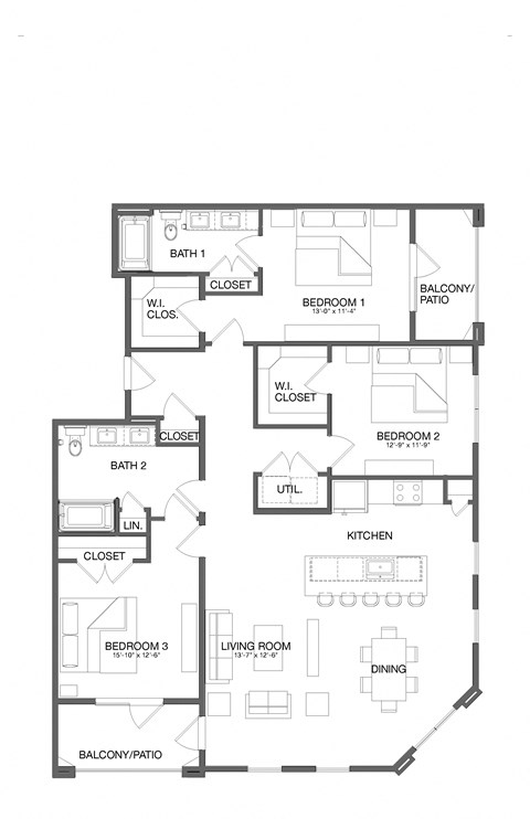 Floor plan for 3 beds, 2 baths, 1734 sqft