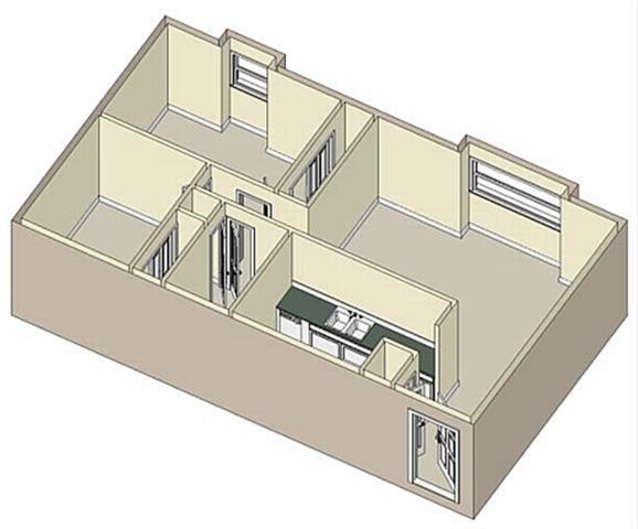 Floor plan for 2 beds, 1 bath, 935 sqft