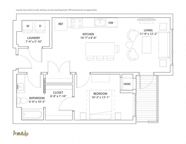 Floor plan for 1 bed, 1 bath, 754 sqft