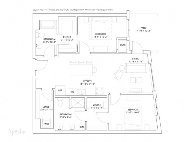 Floor plan for 2 beds, 2 baths, 1091 sqft