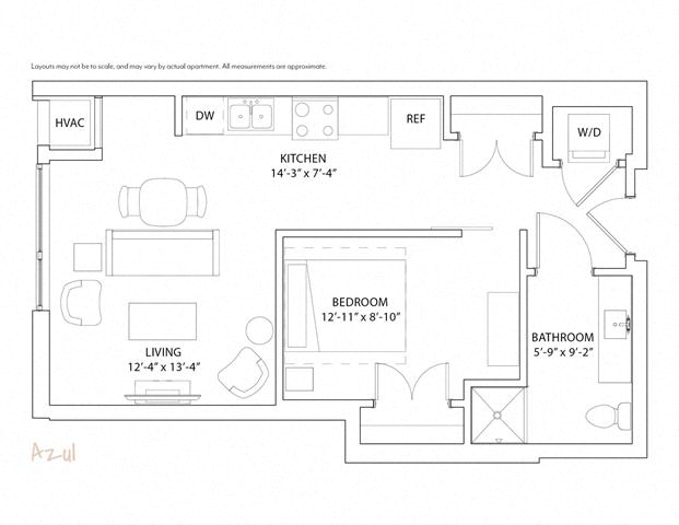 Floor plan for studio, 1 bath, 622 sqft