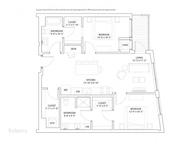 Floor plan for 2 beds, 2 baths, 1068 sqft