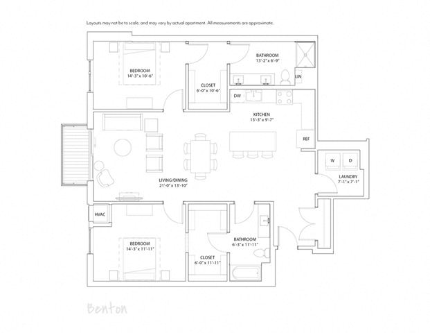 Floor plan for 2 beds, 2 baths, 1413 sqft