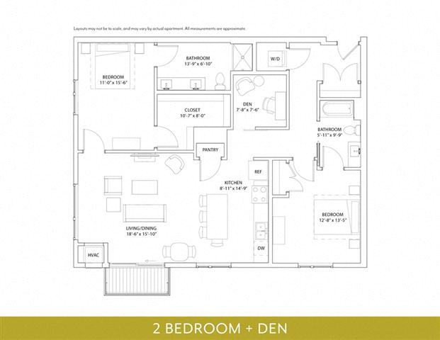 Floor plan for 2 beds, 2 baths, 1370 sqft