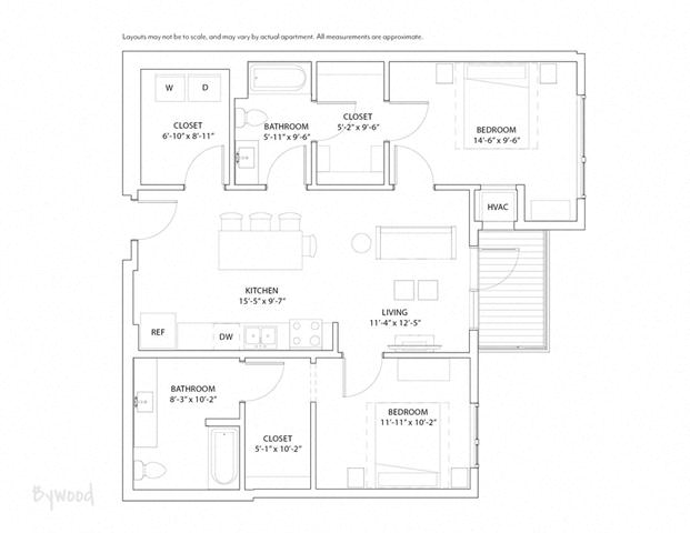 Floor plan for 2 beds, 2 baths, 1046 sqft