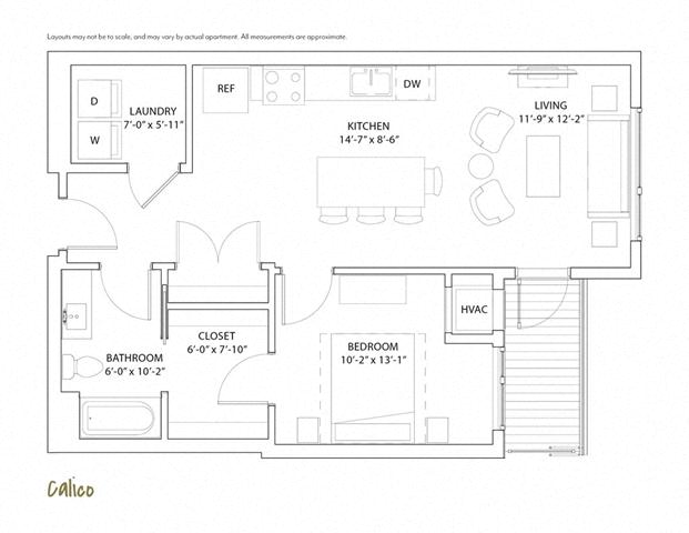 Floor plan for 1 bed, 1 bath, 750 sqft