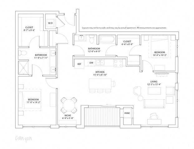 Floor plan for 2 beds, 2 baths, 1337 sqft