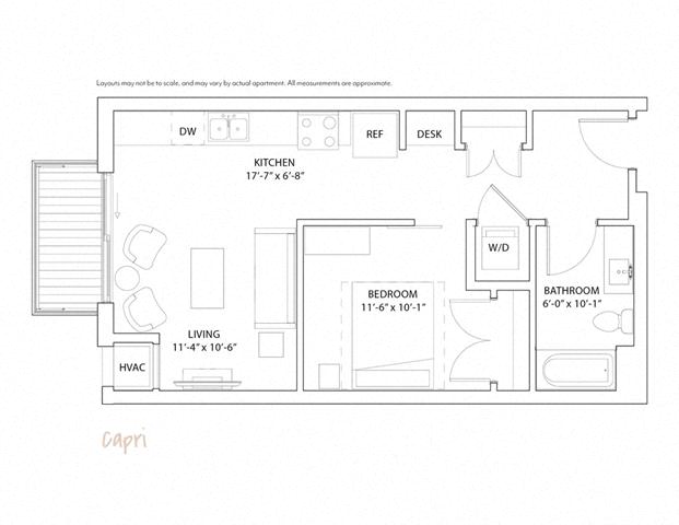 Floor plan for studio, 1 bath, 604 sqft
