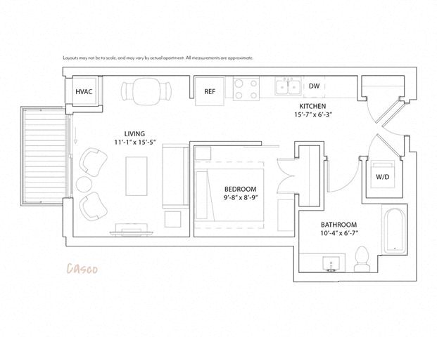 Floor plan for studio, 1 bath, 586 sqft