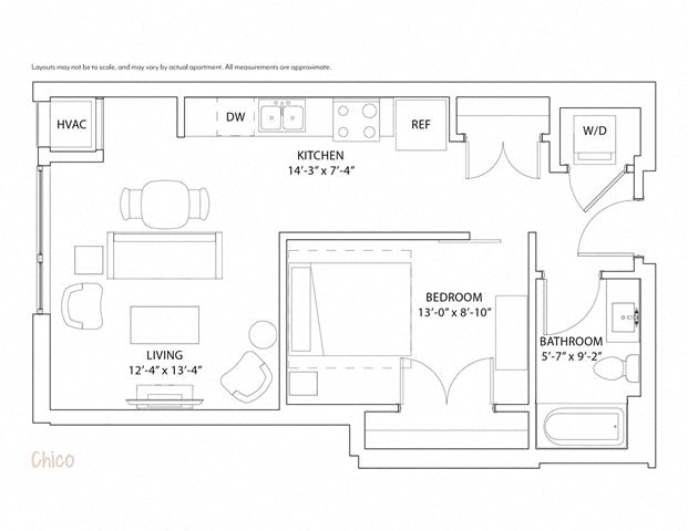 Floor plan for studio, 1 bath, 622 sqft