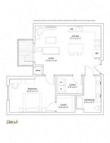 Floor plan for 1 bed, 1 bath, 876 sqft
