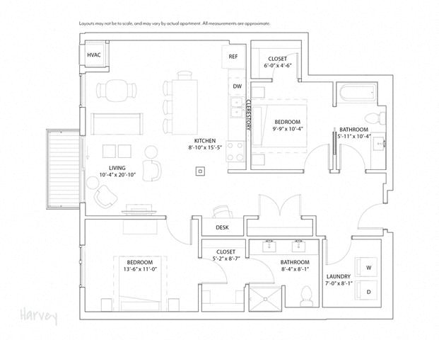 Floor plan for 2 beds, 2 baths, 1187 sqft
