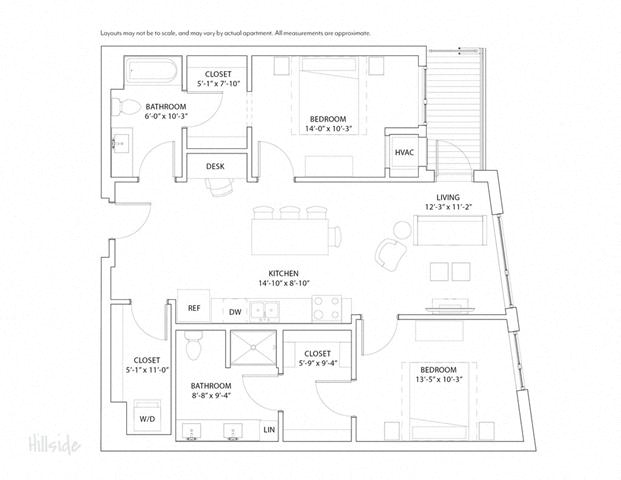 Floor plan for 2 beds, 2 baths, 1091 sqft