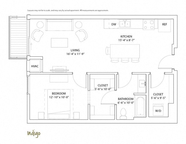 Floor plan for 1 bed, 1 bath, 767 sqft