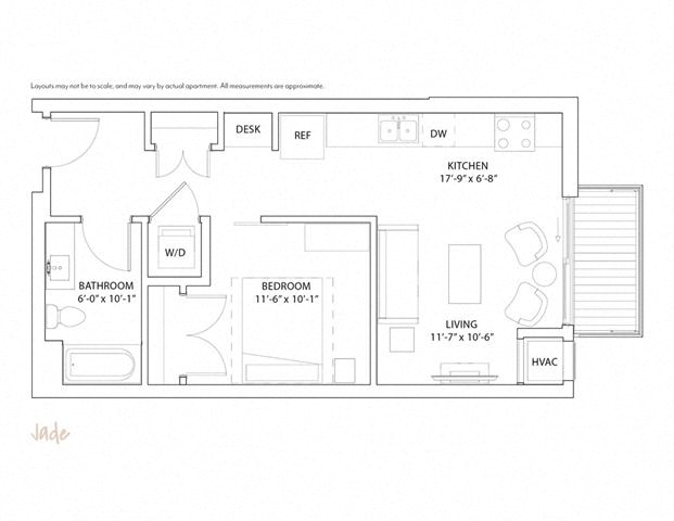 Floor plan for studio, 1 bath, 609 sqft
