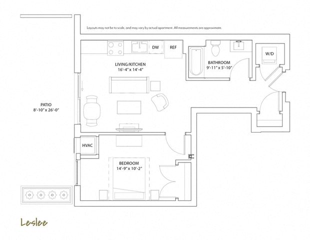 Floor plan for 1 bed, 1 bath, 671 sqft
