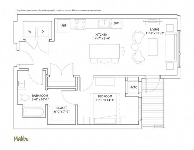 Floor plan for 1 bed, 1 bath, 753 sqft