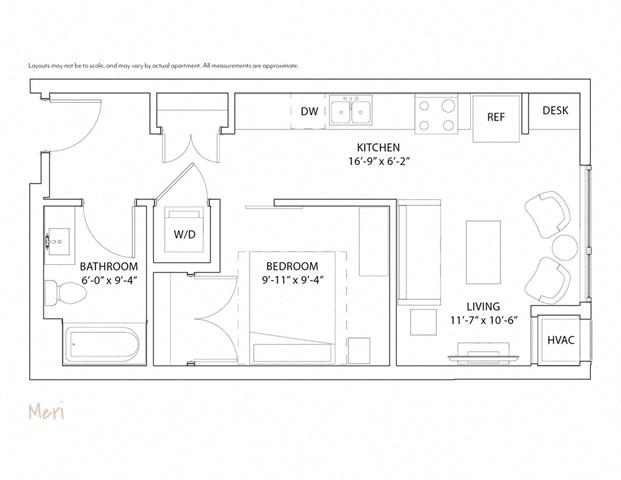 Floor plan for studio, 1 bath, 548 sqft