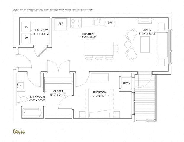 Floor plan for 1 bed, 1 bath, 767 sqft