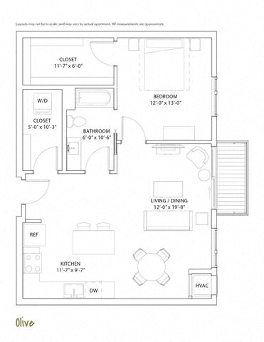 Floor plan for 1 bed, 1 bath, 860 sqft