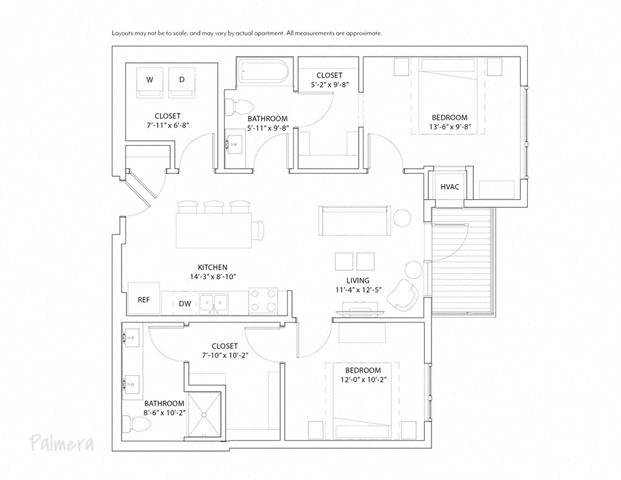 Floor plan for 2 beds, 2 baths, 1046 sqft