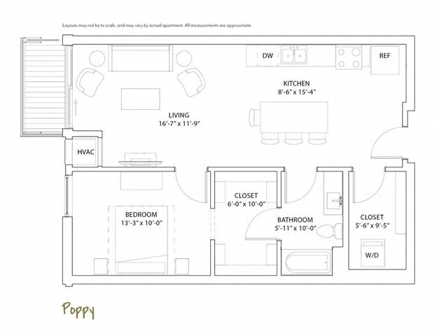 Floor plan for 1 bed, 1 bath, 791 sqft
