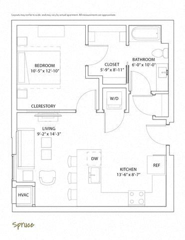 Floor plan for 1 bed, 1 bath, 685 sqft
