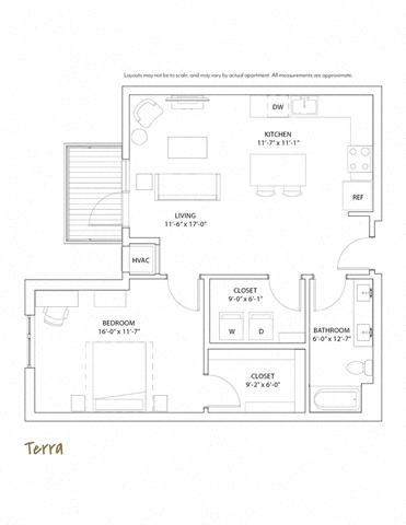 Floor plan for 1 bed, 1 bath, 876 sqft