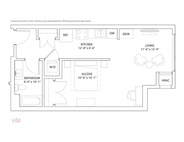 Floor plan for studio, 1 bath, 603 sqft