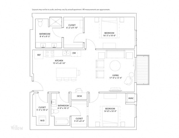 Floor plan for 2 beds, 2 baths, 1220 sqft