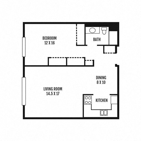 Floor plan for 1 bed, 1 bath, 740 sqft