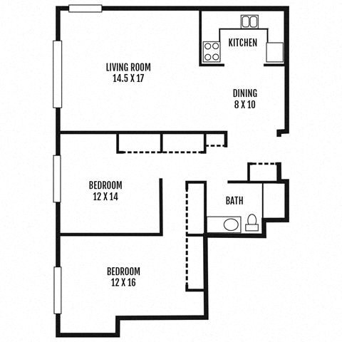 Floor plan for 2 beds, 1 bath, 900 sqft