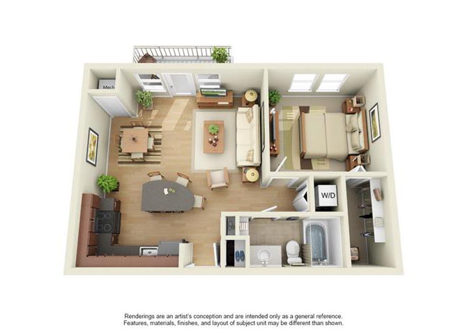 Floor plan for 1 bed, 1 bath, 800 sqft