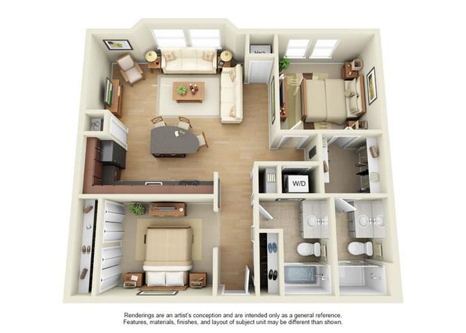 Floor plan for 2 beds, 2 baths, 1250 sqft